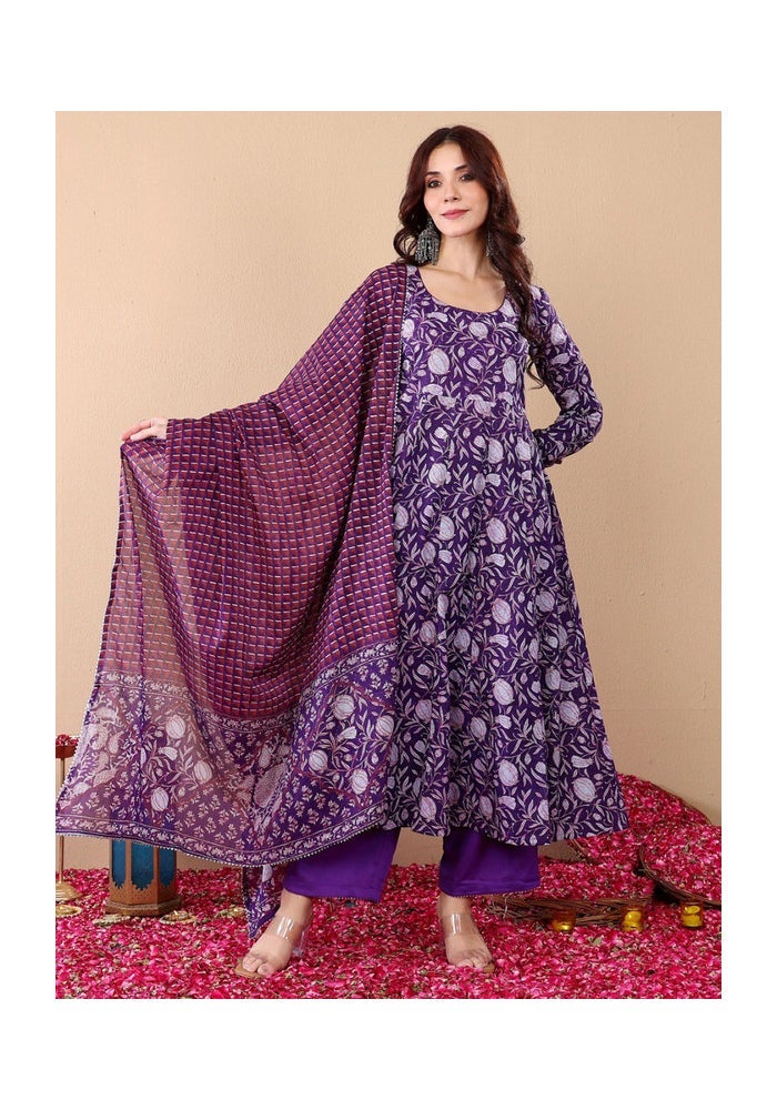 Malishka Export Purple Rayon Printed Anarkali Kurta Pant With Dupatta for Women - Image 3